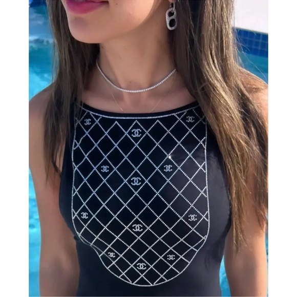 Chanel 23C Black Silver Crystal CC Logo One Piece Swimsuit Runway Bathingsuit 38 - Picture 6 of 16